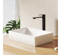 EMKE Vasque à Poser Rectangulaire 45 cm, Lavabo de Table en Céramique Striée, Vasque Design Linéaire Blanc Brillant pour Meuble de Salle de Bain et Cabinet de Toilette, 450 x 320 x 110 mm