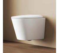 EMKE WC suspendu blanc, 490 × 365 × 360 mm, WC mural sans bord avec double trou contre-courant et chasse multi-trous, cuvette WC en céramique, abattant WC Softclose et fonction de libération rapide