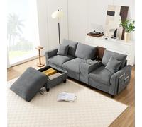 EMKK Canapé d'angle en Forme de L, Velours Côtelé, avec Pouf à Rangement Caché, Console avec Rangement & 2 Supports de Verres & Ports USB, Poches sur Bras, Idéal pour Salon, Appartement (Gris)