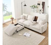 EMKK Canapé d'angle en Forme de L, Velours Côtelé, avec Pouf à Rangement Caché, Console avec Rangement & 2 Supports de Verres & Ports USB, Poches sur Bras, Idéal pour Salon, Appartement (Beige)