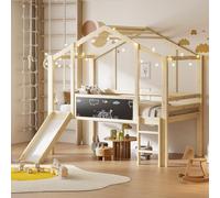 EMKK Lit Cabane Enfant Mezzanine 90x200cm Bois Naturel, avec Toboggan, Échelle & Tableau Noir, Sécurisé Espace-Saving pour Chambre Enfant (Naturel)