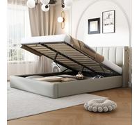 EMKK Lit Double Rembourré 140x190cm, Bed Hydraulique avec Tête de Lits Réglable en Hauteur, Sommier à Lattes, Lit Double avec Espace de Rangement, PU, sans Matelas (Gris, 140x190)