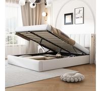 EMKK Lit Double Rembourré 140x190cm, Bed Hydraulique avec Tête de Lits Réglable en Hauteur, Sommier à Lattes, Lit Double avec Espace de Rangement, PU, sans Matelas (Blanc, 140x190)