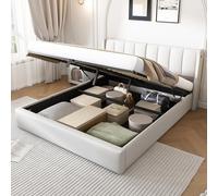 EMKK Lit Double Rembourré 140x200cm, Bed Hydraulique avec Tête de Lits Réglable en Hauteur, Sommier à Lattes, Lit Double avec Espace de Rangement, PU, sans Matelas (Blanc, 140x200)