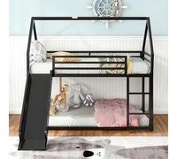 EMKK Lit Mezzanine avec Toboggan, Lit Cabane Enfants 90x190 avec Échelle à 3 Marches, Lit Superposé 2 Places Métal pour Chambre d'enfants, Sommier Inclus, sans Matelas (Schwarz)