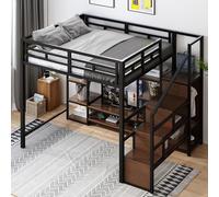 EMKK Lit Mezzanine Enfant 140x200cm, Lit Bureau Ado Combiné, avec Barrie et Reéchelle de Sécurité, Compartiment de Conteneur Flexible, Prise, Métal+Bois, sans Matelas (140x200cm)