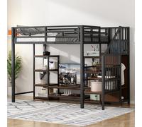 EMKK Lit Mezzanine Enfant 90x200cm, Lit Bureau Ado Combiné, avec Barrie et Reéchelle de Sécurité, Compartiment de Conteneur Flexible, Prise, Métal+Bois, sans Matelas (90x200cm)