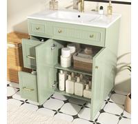 EMKK Meuble de Salle de Bain avec Lavabo, 81.7x46.8x90 cm Meuble Vasque avec Évier en Céramique, avec 2 Tiroirs et 2 Portes, Espace de Rangement, Surface Laquée, Debout (Vert)