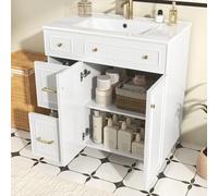 EMKK Meuble de Salle de Bain avec Lavabo, 81.7x46.8x90 cm Meuble Vasque avec Évier en Céramique, avec 2 Tiroirs et 2 Portes, Espace de Rangement, Surface Laquée, Debout (Blanc)