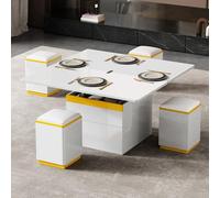 EMKK Table Basse relevable et Extensible 100x50x43 cm, avec Plateau Pliant, 2 Tiroirs, Rangement Ouvertes, 4 Chaises Cachées Moelleuses, Style Moderne, pour Salon, Bureau, Manger (Blanc)