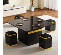 EMKK Table Basse relevable et Extensible 100x50x43 cm, avec Plateau Pliant, 2 Tiroirs, Rangement Ouvertes, 4 Chaises Cachées Moelleuses, Style Moderne, pour Salon, Bureau, Manger (Noir)