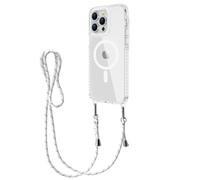 Emlivi Chaîne de téléphone portable magnétique pour iPhone 16 Pro Max - Avec bande - Coque chaîne, avec Mag-Safe - En acrylique TPU transparent - Avec cordon réglable - Blanc