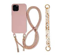Emlivi Coque chaîne de téléphone Compatible avec iPhone 12 Mini TPU étui pour téléphone 3 en 1 Bracelet Lanyard en Silicone Souple avec Collier De Perles Coque pour iPhone 12 Mini, Sable Rose