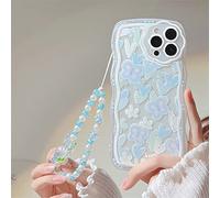 Emlivi Coque Compatible avec iPhone 14 Plus avec Perles,Etui pour Bracelet de Fleurs,Crystal Silicone Souple Slim Cover Bords ondulés,Coque de Protection en TPU pour iPhone 14 Plus, Papillon Bleu