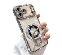 Emlivi Coque magnétique pour iPhone 15 Plus, coque galvanisée avec anneau de support, en TPU transparent, protection de l'appareil photo, quatre coins, anti-chute, argent