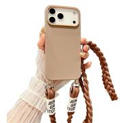 Emlivi Étui de téléphone avec chaîne pour iPhone 17, étui de protection avec bandoulière en nylon, coque en silicone TPU liquide avec cordon de serrage, sangle élégante, couleur : thé au lait