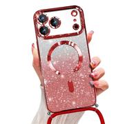 Emlivi Glitter Magnetic Case for iPhone 17 Pro Max with Cord, Compatible with MagSafe Shockproof Shiny Glitter Cover Case Transparent Protective Case with Camera Lens Protector TPU Bumper, Rouge