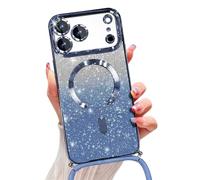 Emlivi Glitter Magnetic Case for iPhone 17 Pro Max with Cord, Compatible with MagSafe Shockproof Shiny Glitter Cover Case Transparent Protective Case with Camera Lens Protector TPU Bumper, Bleu Clair
