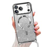 Emlivi Glitter Magnetic Case for iPhone 17 Pro with Cord, Compatible with MagSafe Shockproof Shiny Glitter Cover Case Transparent Protective Case with Camera Lens Protector TPU Bumper, Argent