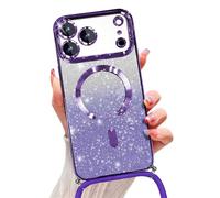 Emlivi Glitter Magnetic Case for iPhone 17 Pro with Cord, Compatible with MagSafe Shockproof Shiny Glitter Cover Case Transparent Protective Case with Camera Lens Protector TPU Bumper, Violet Clair