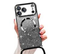 Emlivi Glitter Magnetic Case for iPhone 17 Pro with Cord, Compatible with MagSafe Shockproof Shiny Glitter Cover Case Transparent Protective Case with Camera Lens Protector TPU Bumper, Noir