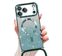 Emlivi Glitter Magnetic Case for iPhone 17 Pro with Cord, Compatible with MagSafe Shockproof Shiny Glitter Cover Case Transparent Protective Case with Camera Lens Protector TPU Bumper, Vert
