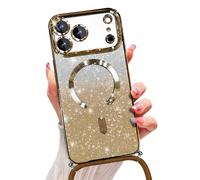 Emlivi Glitter Magnetic Case for iPhone 17 with Cord, Compatible with MagSafe Shockproof Shiny Glitter Cover Case Transparent Protective Case with Camera Lens Protector Soft TPU Bumper, Doré