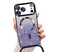 Emlivi Glitter Magnetic Case for iPhone 17 with Cord, Compatible with MagSafe Shockproof Shiny Glitter Cover Case Transparent Protective Case with Camera Lens Protector Soft TPU Bumper, Violet