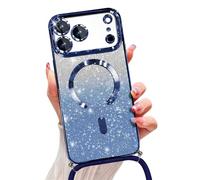 Emlivi Glitter Magnetic Case for iPhone 17 with Cord, Compatible with MagSafe Shockproof Shiny Glitter Cover Case Transparent Protective Case with Camera Lens Protector Soft TPU Bumper, Bleu