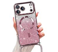 Emlivi Glitter Magnetic Case for iPhone Air with Cord, Compatible with MagSafe Shockproof Shiny Glitter Cover Case Transparent Protective Case with Camera Lens Protector Soft TPU Bumper, Rose