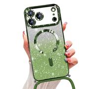 Emlivi Glitter Magnetic Case for iPhone Air with Cord, Compatible with MagSafe Shockproof Shiny Glitter Cover Case Transparent Protective Case with Camera Lens Protector Soft TPU Bumper, Vert Clair