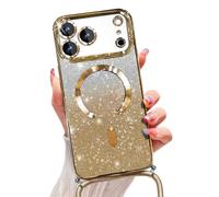 Emlivi Glitter Magnetic Case for iPhone Air with Cord, Compatible with MagSafe Shockproof Shiny Glitter Cover Case Transparent Protective Case with Camera Lens Protector Soft TPU Bumper, Or léger