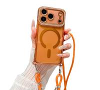 Emlivi Magnetic Case for iPhone 13 Pro Max with Necklace Cord, Transparent TPU Silicone Bumper Cover with Adjustable Cord, Glitter Clear Case Compatible with MagSafe Protection Case, Orange