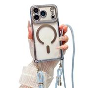 Emlivi Magnetic Case for iPhone 13 with Necklace Cord, Transparent TPU Silicone Bumper Cover with Adjustable Cord, Glitter Diamond Clear Case Compatible with MagSafe Protection for iPhone 14,Bleu