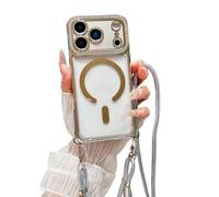 Emlivi Magnetic Case for iPhone 14 Pro with Necklace Cord, Transparent TPU Silicone Bumper Cover with Adjustable Cord, Glitter Diamond Clear Case Compatible with MagSafe Protection Case, Argenté