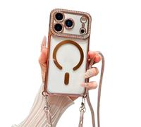 Emlivi Magnetic Case for iPhone 15 Pro Max with Necklace Cord,Transparent TPU Silicone Bumper Cover with Adjustable Cord,Glitter Diamond Clear Case Compatible with MagSafe Protection Case, Rose