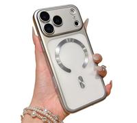 Emlivi Magnetic Case for iPhone 16 Pro Max, Compatible with MagSafe, Full Protective Camera Matte Slim Shockproof Protective Case Ultra Thin PC Hard Soft Anti-Scratch Bumpe Cover, Argenté