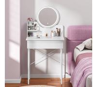 emlovosy Coiffeuse avec Miroir et Éclairage LED, 3 Couleur Luminosité Réglable, Table de Maquillage, Petit Coiffeuse avec Tiroir et 2 Étagères Ouvertes de Rangement, pour Chambre à Coucher, Blanc