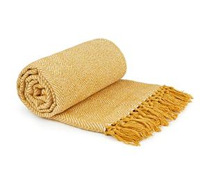Emma Barclay Herringbone Tasselled Recycled Cotton Throw Jeté, Ocre, 90x100 (228x254cm)