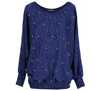 Emma & Giovanni - Pull Fin avec Perles Devant, Style Chauve Souris Oversize- Femme (Marine, M-L)