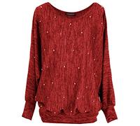 Emma & Giovanni - Pull Fin avec Perles Devant, Style Chauve Souris Oversize- Femme (Rouge, M-L)