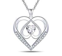 Emma Manor EM Collier Coeur 14k Plaqué Or Blanc 5A Zircone Cubique Mon Cœur Ira Sur Triple Heart Pendentif Collier Pour Femmes, Cadeau de Bijoux Pour Fille Femme (Clair)