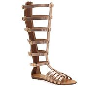 Emmanuela Anciens Sandales en cuir Gladiateurs à la main en cuir, genou haut avec fermeture à glissière arrière sur la tige, chaussures d'été à plat avec des bretelles pour femmes