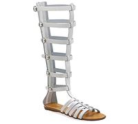 Emmanuela Anciens Sandales en cuir Gladiateurs à la main en cuir, genou haut avec fermeture à glissière arrière sur la tige, chaussures d'été à plat avec des bretelles pour femmes