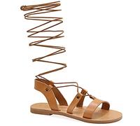 Emmanuela Sandales en cuir à haut genou dans un style grec ancien, sandales de gladiateur plat à la main avec orteils ouverts, chaussures d'été de haute qualité pour attacher les femmes