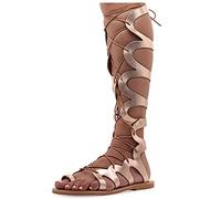 Emmanuela Sandales en cuir à haut genou dans un style grec ancien, sandales de gladiateur plat à la main avec orteils ouverts, chaussures d'été de haute qualité pour attacher les femmes