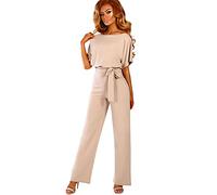 emmarcon Combinaison longue jumpsuit élégante robe cérémonie femme manches courtes chauve-souris, beige, 50-52