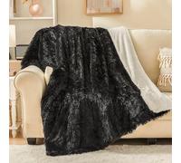 EMME Couverture en fausse fourrure, super douce, épaisse et élégante, couverture polaire en microfibre moelleuse, chaude, confortable, réversible, noir, 130 x 150 cm