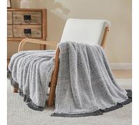 EMME Couverture Polaire Chaude et pelucheuse Sherpa avec Pompons 274 x 230 cm - Grande Couverture réversible Ultra Douce et Confortable - Gris avec Pompon