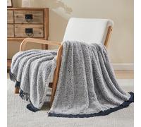 EMME Couverture Sherpa avec Pompons - Couverture Polaire Ultra Douce et Chaude en Microfibre pour canapé, légère, épaisse et réversible (Bleu Marine avec Pompon, 130 x 150 cm)